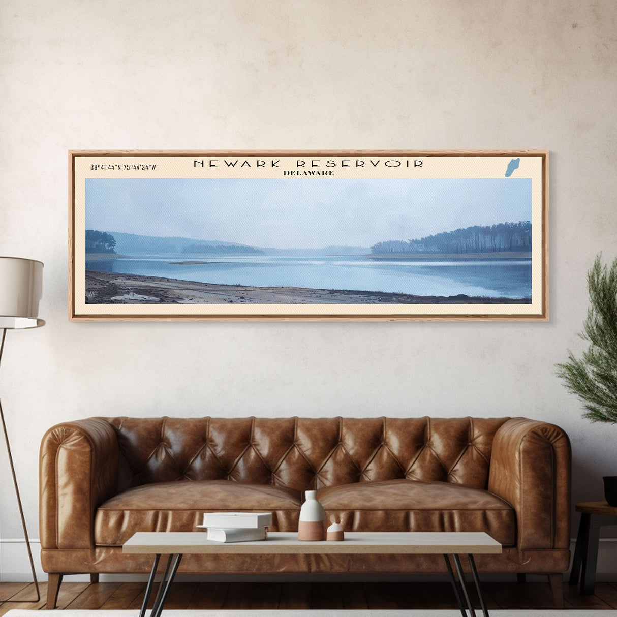 Newark Reservoir Delaware Framed Canvas Print, Lake House Decor, Panoramic Wall Art, Travel Poster, Landscape Painting, Modern Art