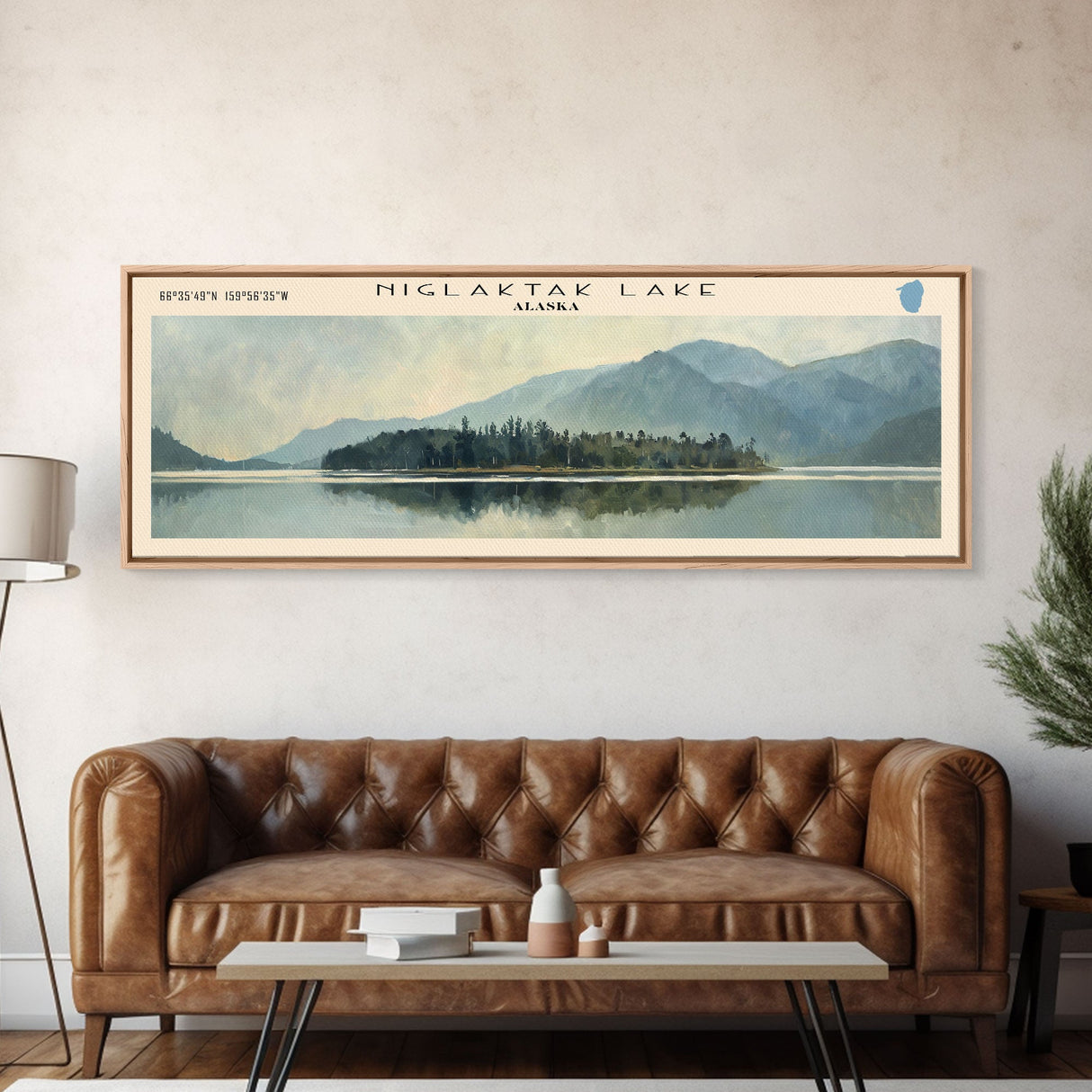 Niglaktak Lake Framed Canvas Print, Lake House Decor, Panoramic Wall Art, Travel Poster, Landscape Painting, Bedroom Decor