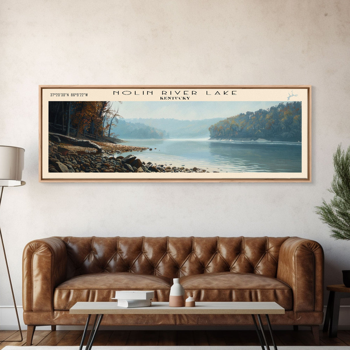 Nolin River Lake Kentucky Framed Canvas Print, Lake House Decor, Panoramic Wall Art, Travel Poster, Landscape Painting, Modern Art