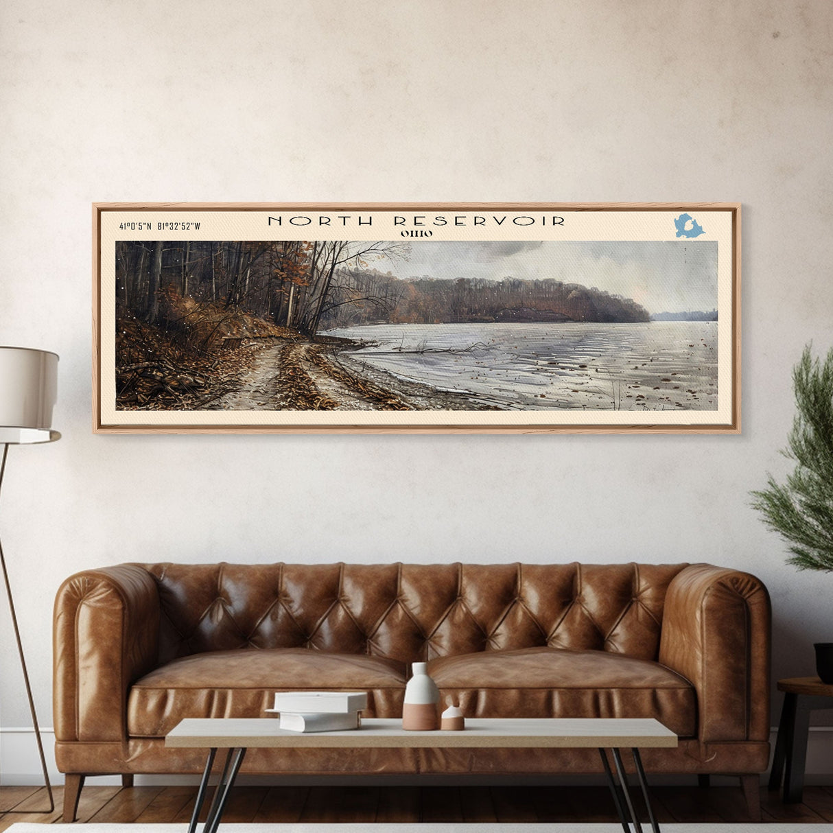 North Reservoir Ohio Framed Canvas Print, Lake House Decor, Panoramic Wall Art, Travel Poster, Landscape Painting, Contemporary Art