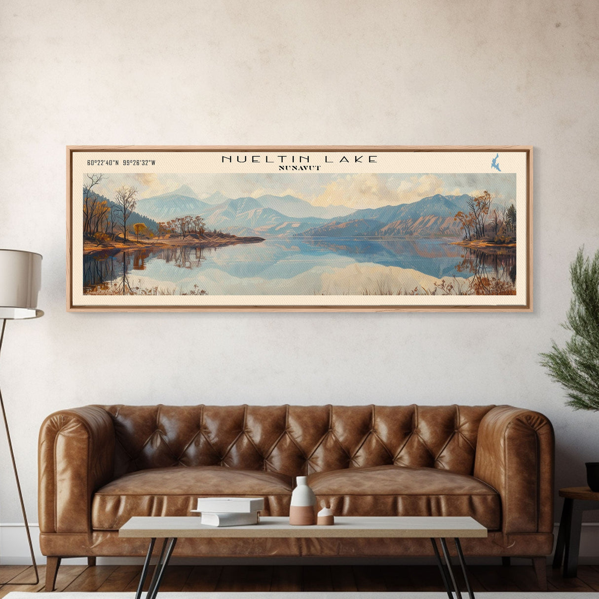 Nueltin Lake Framed Canvas Print, Lake House Decor, Panoramic Wall Art, Travel Poster, Beautiful Landscape Painting, Living Room Decor