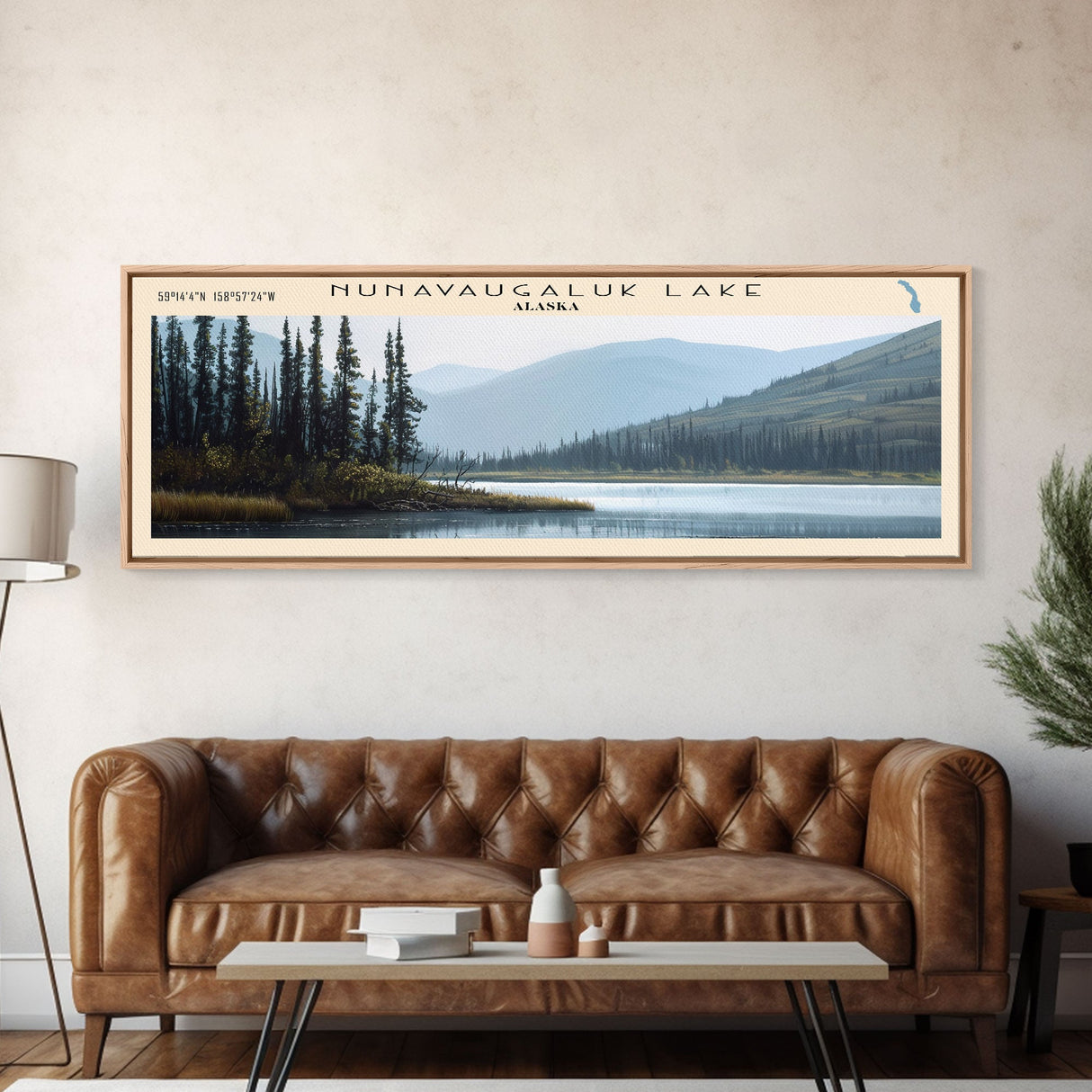 Nunavaugaluk Lake Framed Canvas Print, Lake House Decor, Panoramic Wall Art, Travel Poster, Landscape Painting, Bedroom Decor