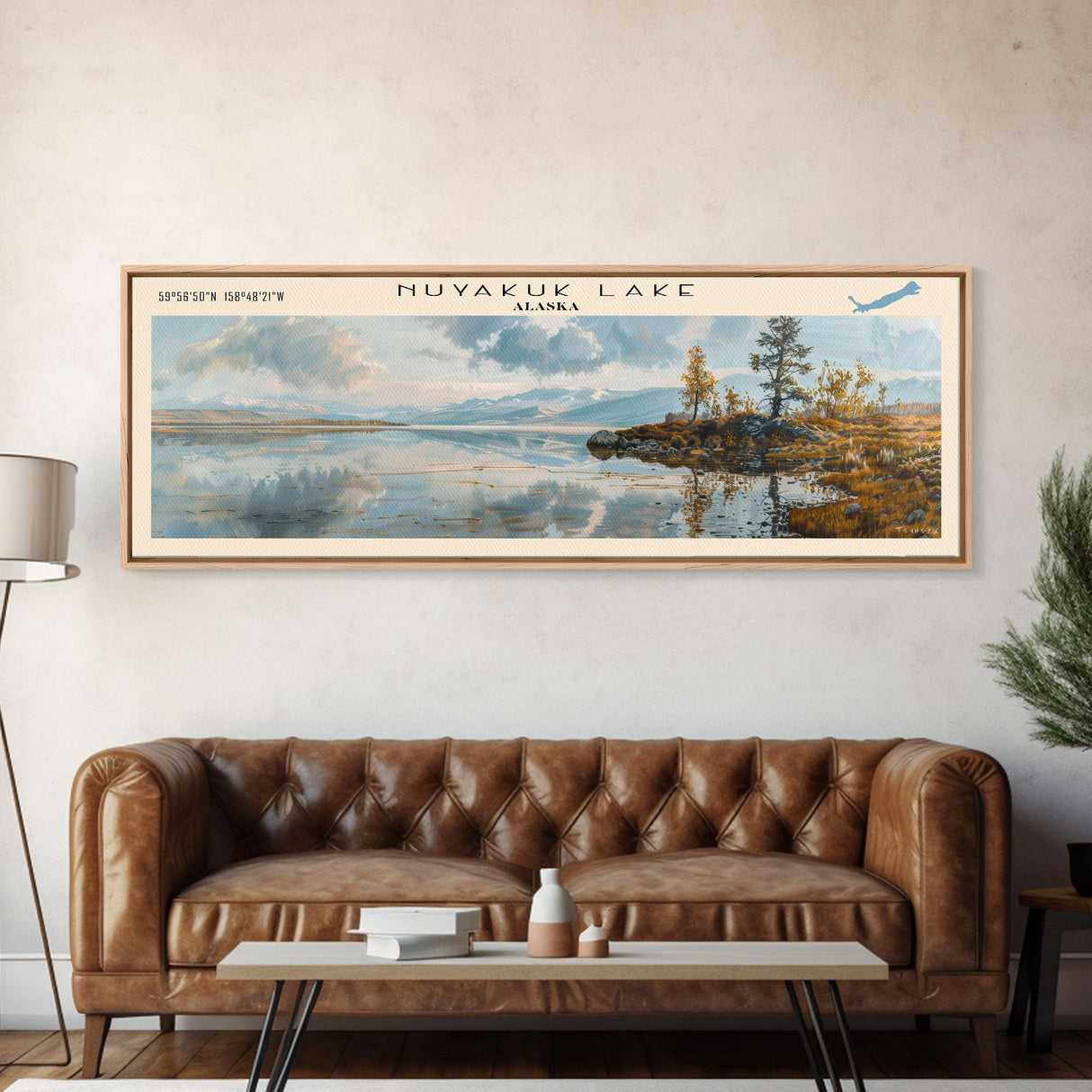 Nuyakuk Lake Framed Canvas Print, Lake House Decor, Panoramic Wall Art, Travel Poster, Beautiful Landscape Painting, Living Room Decor