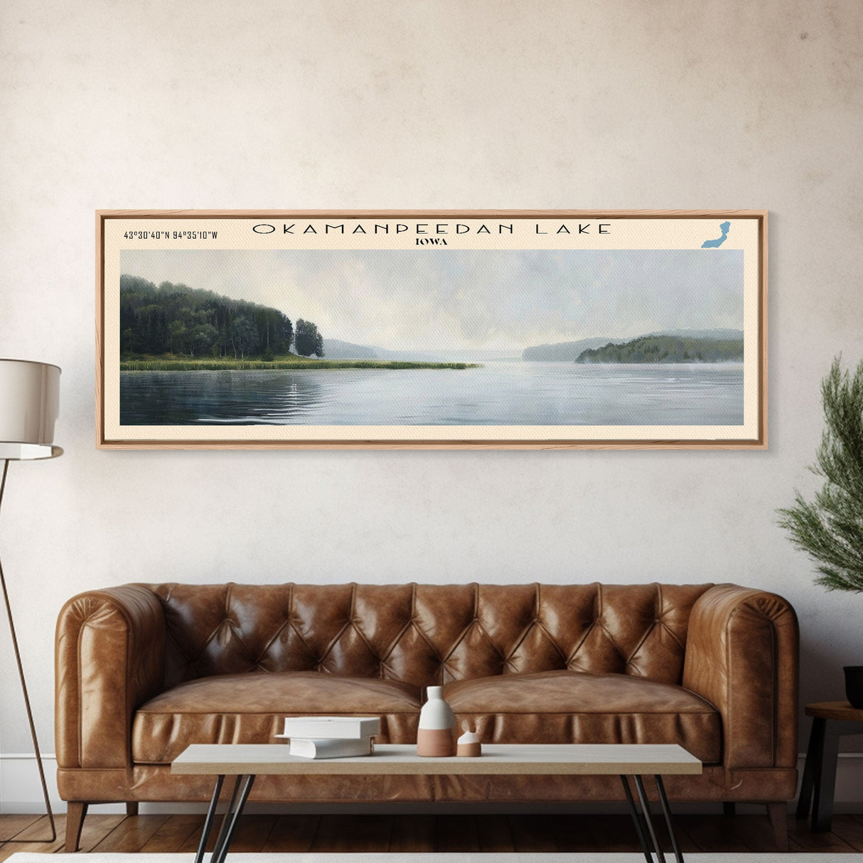 Okamanpeedan Lake Tuttle Lake Iowa Framed Canvas Print, Lake House Decor, Panoramic Wall Art, Travel Poster, Scenic Landscape Painting, Contemporary Art