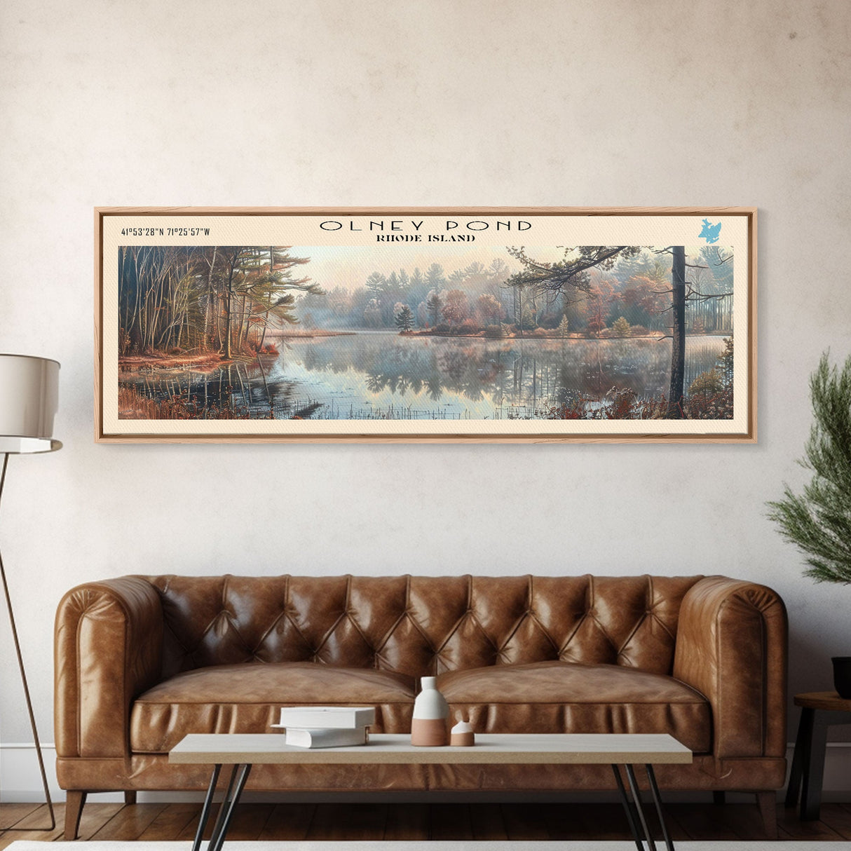 Olney Pond Rhode Island Framed Canvas Print, Lake House Decor, Panoramic Wall Art, Travel Poster, Landscape Painting, Bedroom Decor