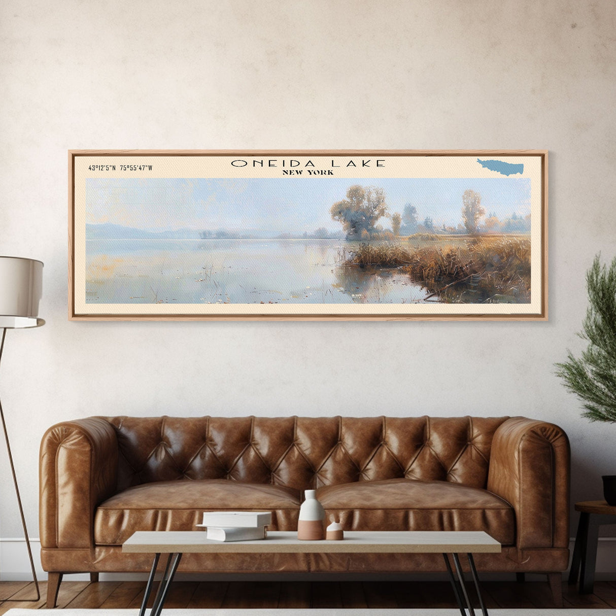 Oneida Lake Framed Canvas Print, Lake House Decor, Panoramic Wall Art, Travel Poster, Beautiful Landscape Painting, Living Room Decor