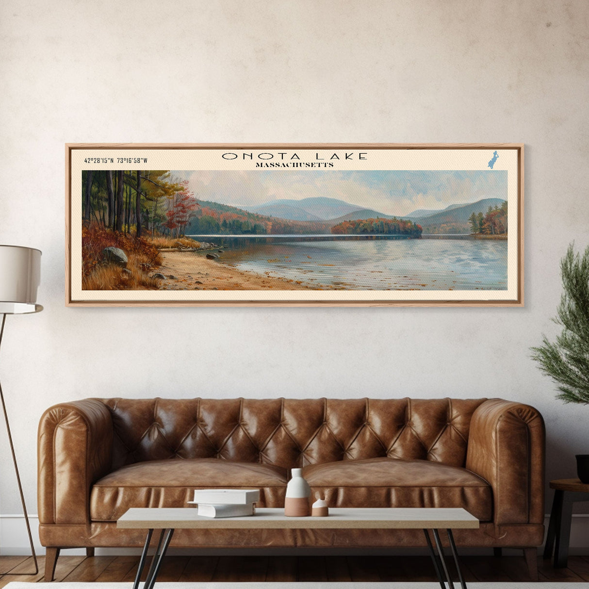 Onota Lake Massachusetts Framed Canvas Print, Lake House Decor, Panoramic Wall Art, Travel Poster, Landscape Painting, Modern Art