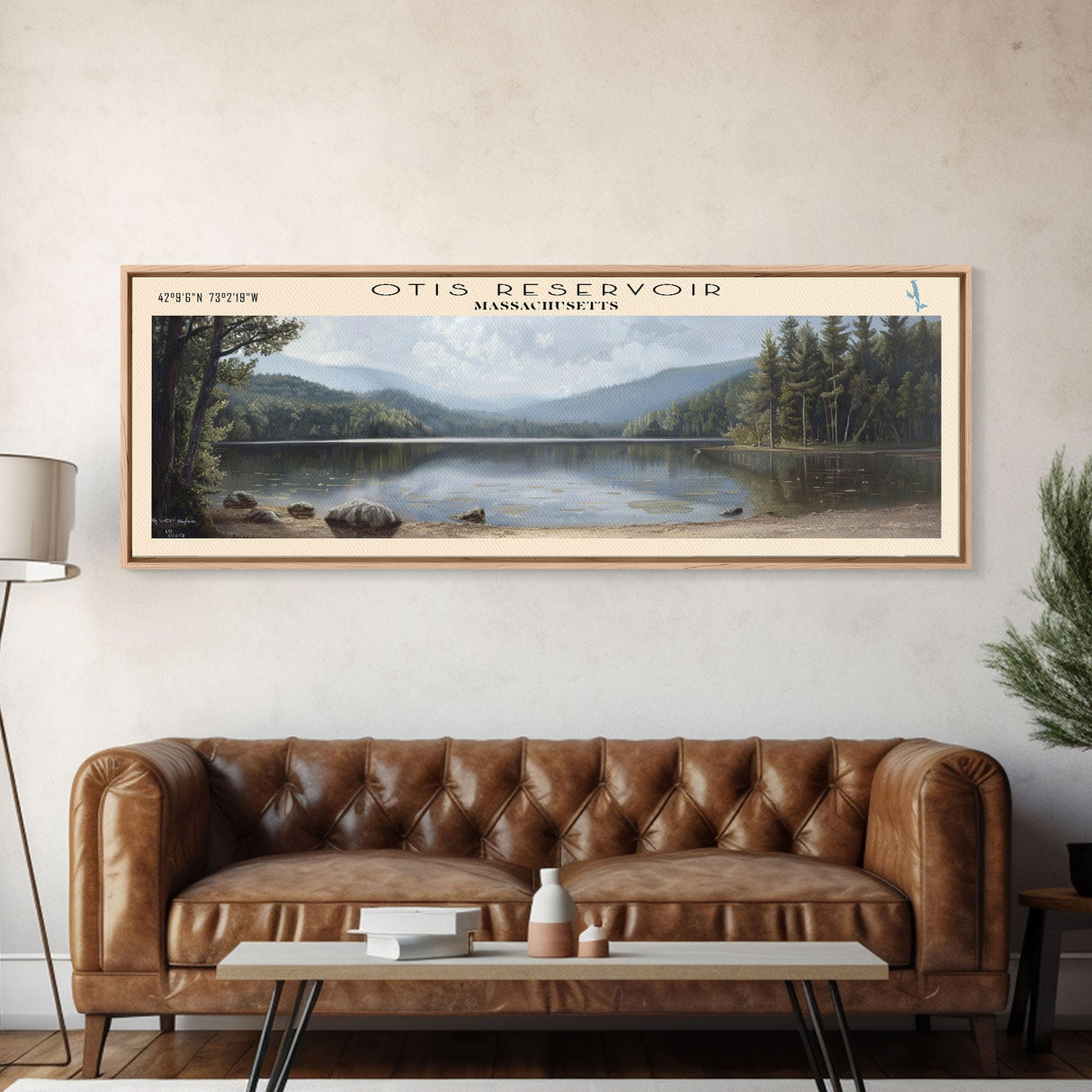 Otis Reservoir Massachusetts Framed Canvas Print, Lake House Decor, Panoramic Wall Art, Travel Poster, Landscape Painting, Bedroom Decor