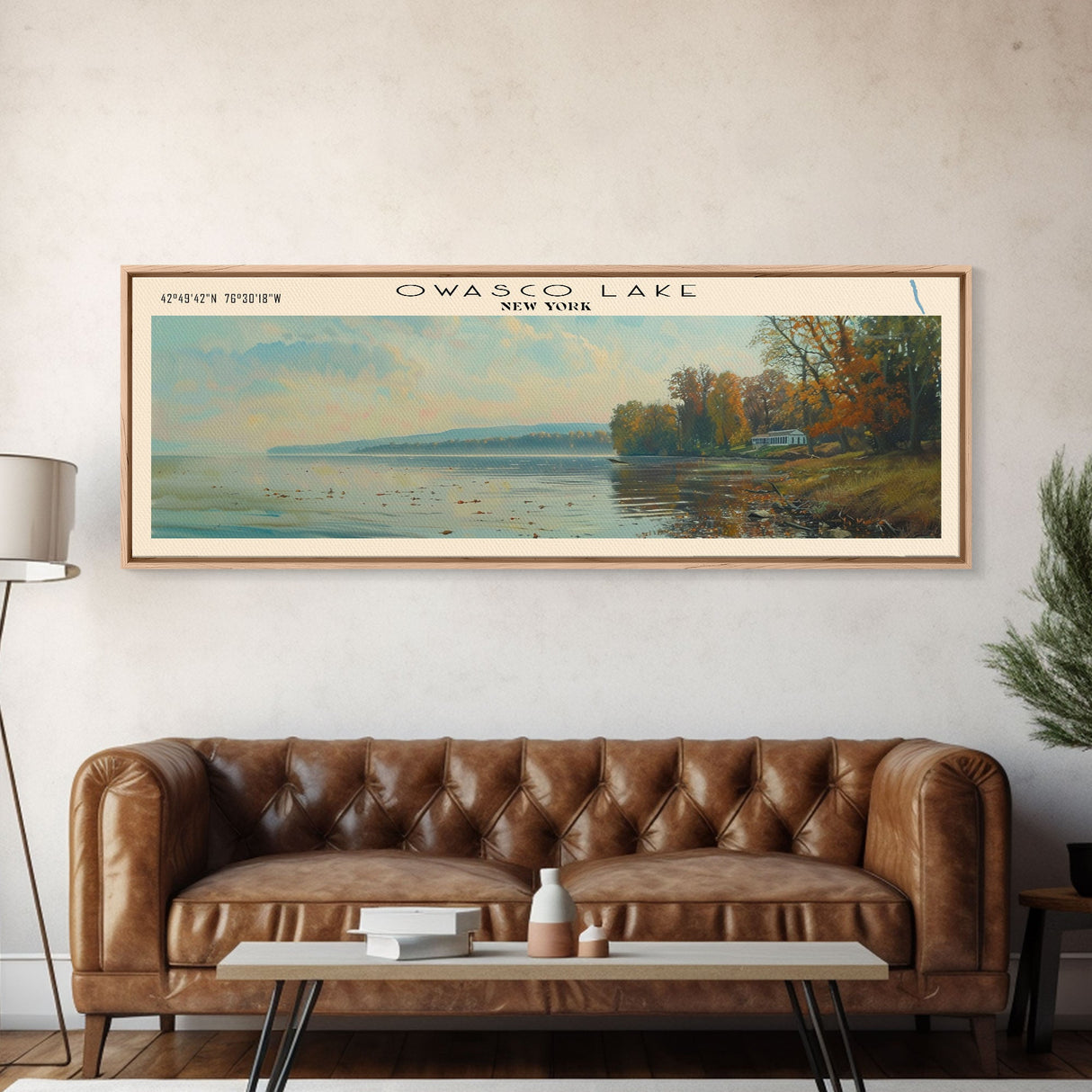 Owasco Lake New York Framed Canvas Print, Lake House Decor, Panoramic Wall Art, Travel Poster, Beautiful Landscape Painting, Modern Art