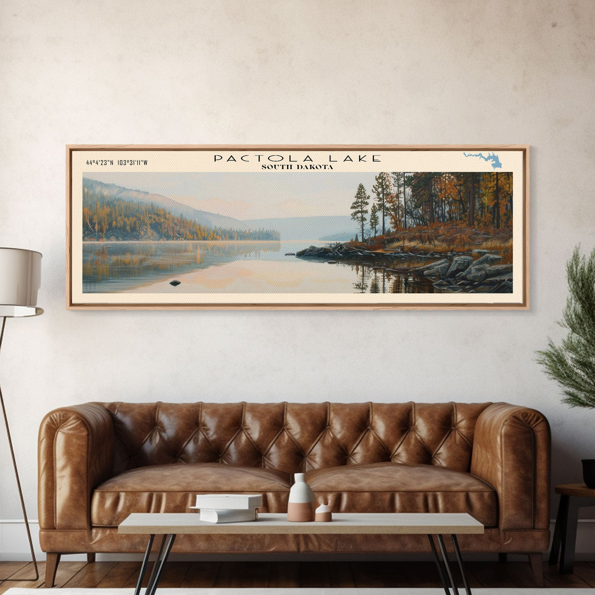 Pactola Lake South Dakota Framed Canvas Print, Lake House Decor, Panoramic Travel Poster, Landscape Painting, Contemporary Art