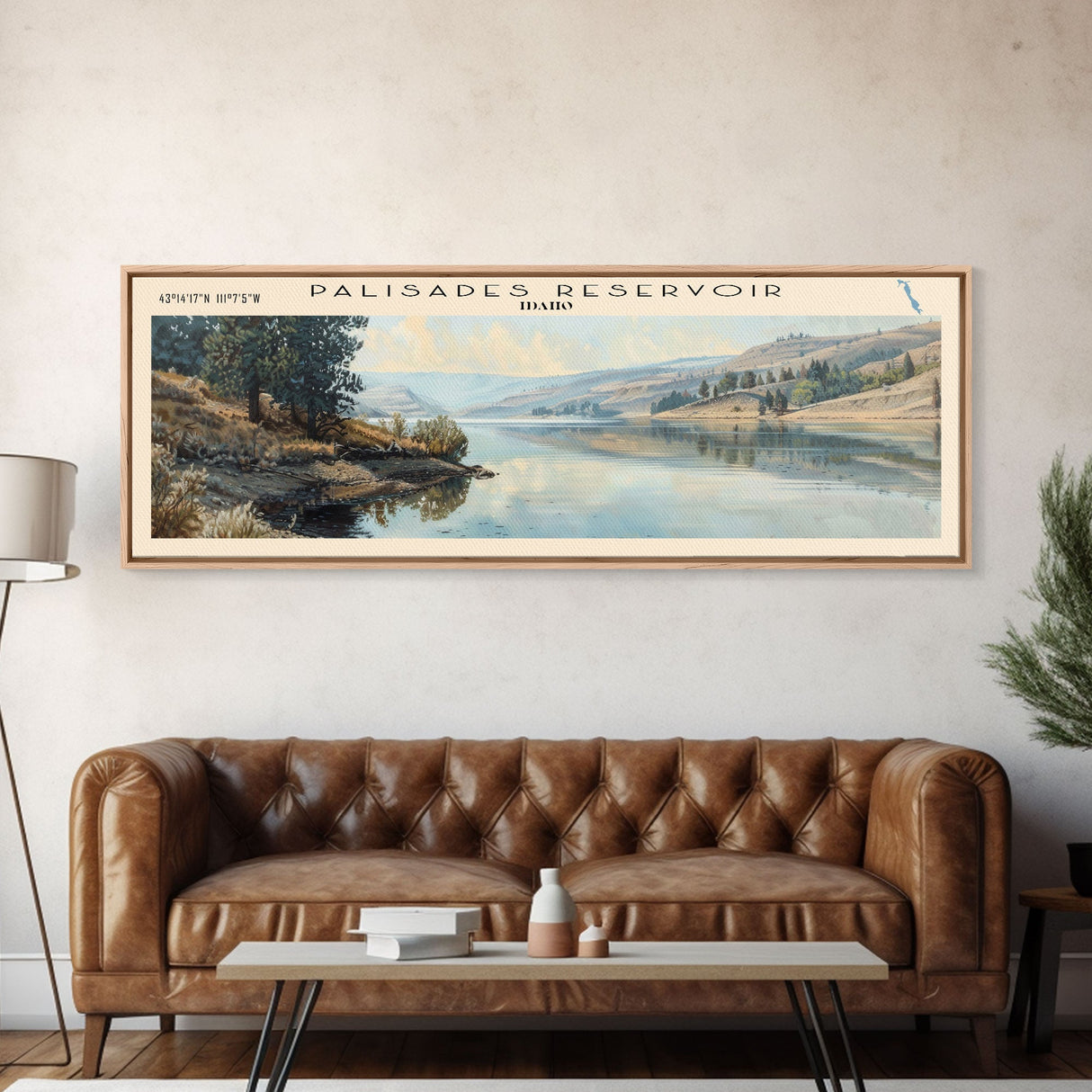 Palisades Reservoir Idaho Framed Canvas Print, Lake House Decor, Panoramic Travel Poster, Landscape Painting, Bedroom Decor