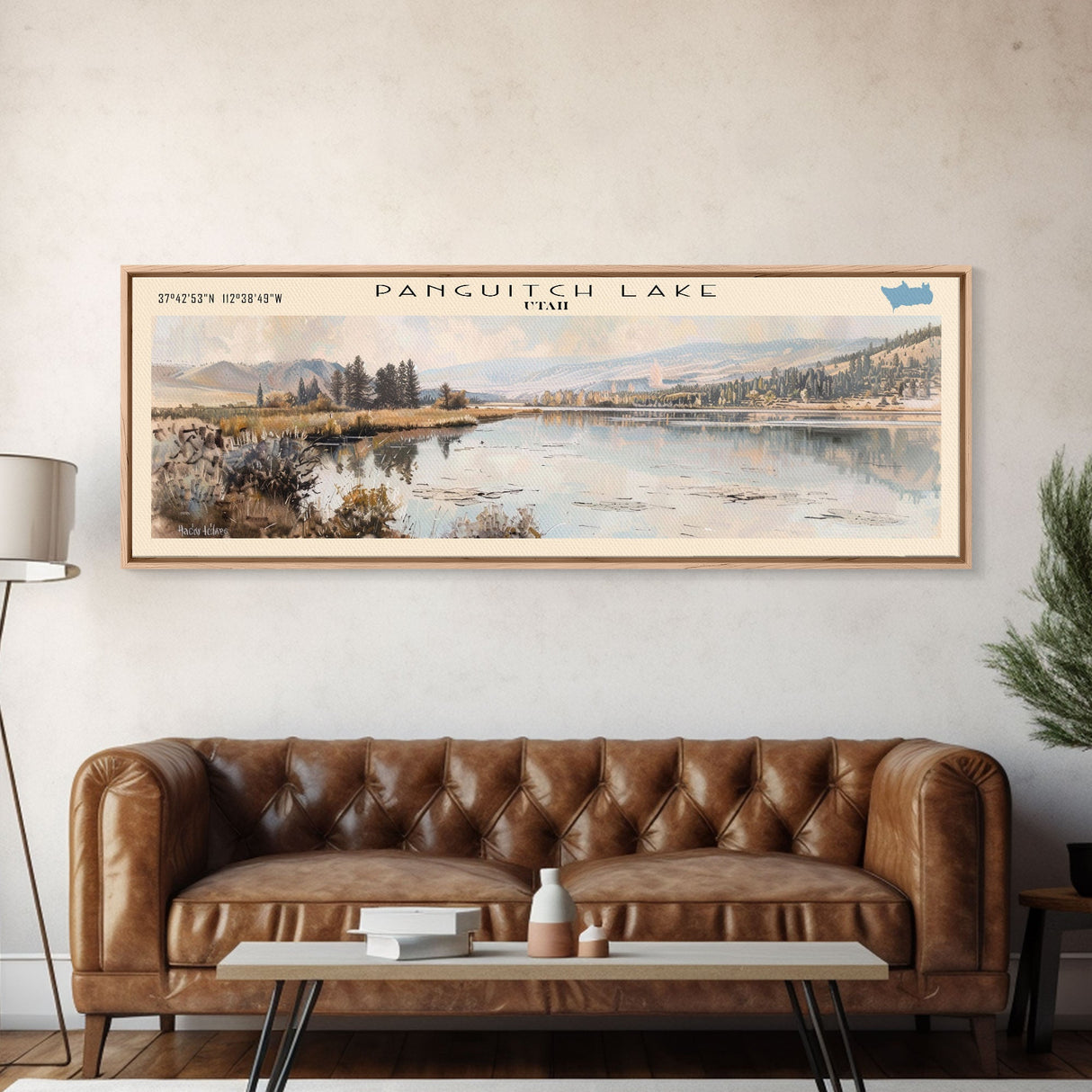 Panguitch Lake Utah Framed Canvas Print, Lake House Decor, Panoramic Wall Art, Travel Poster, Beautiful Landscape Painting, Living Room Decor