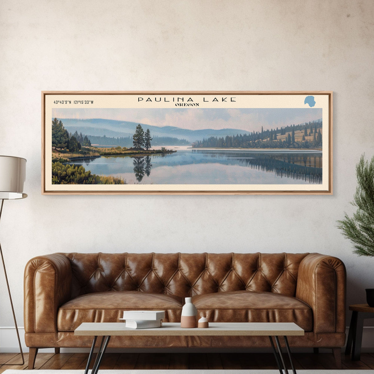 Paulina Lake Oregon Framed Canvas Print, Lake House Decor, Panoramic Travel Poster, Landscape Painting, Bedroom Decor