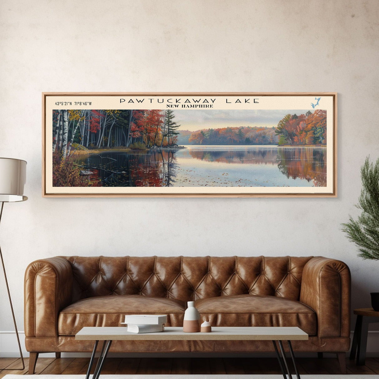 Pawtuckaway Lake New Hampshire Framed Canvas Print, Lake House Decor, Panoramic Wall Art, Travel Poster, Beautiful Landscape Painting, Living Room Decor