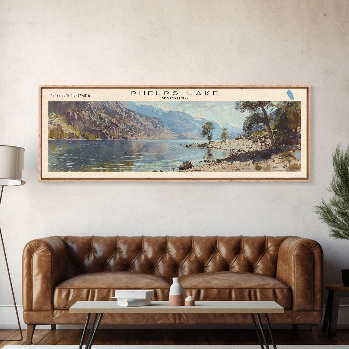 Phelps Lake Wyoming Framed Canvas Print, Lake House Decor, Panoramic Wall Art, Travel Poster, Beautiful Landscape Painting, Bedroom Decor