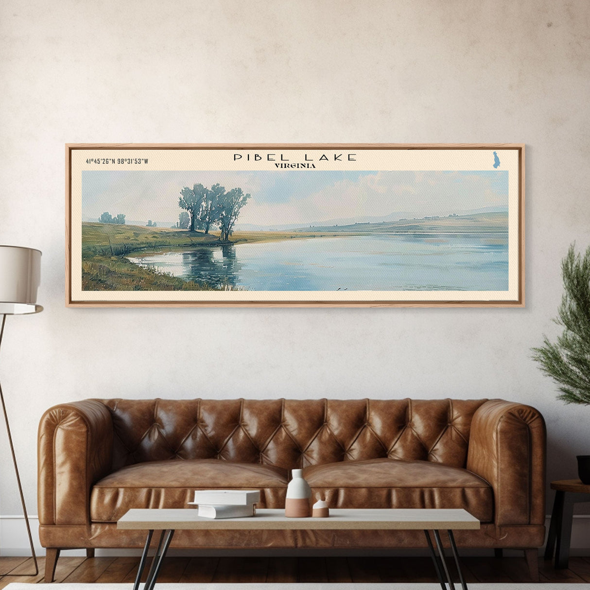 Pibel Lake Nebraska Framed Canvas Print, Lake House Decor, Panoramic Wall Art, Travel Poster, Beautiful Landscape Painting, Modern Art