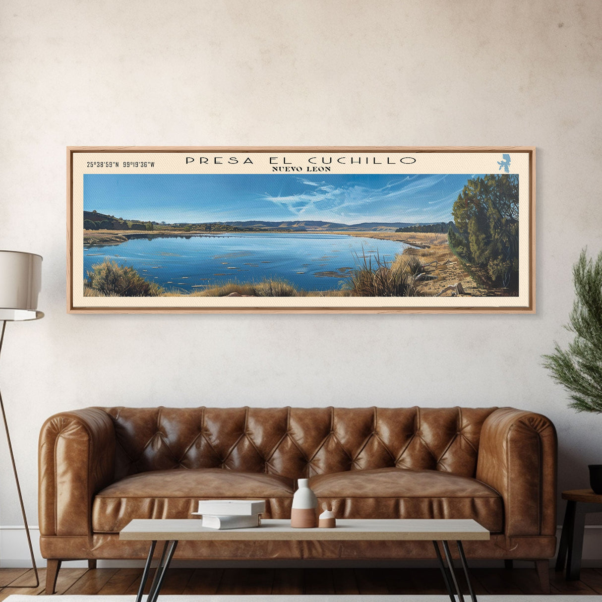 Presa El Cuchillo Lake Framed Canvas Print, Lake House Decor, Panoramic Wall Art, Travel Poster, Beautiful Landscape Painting, Contemporary Art