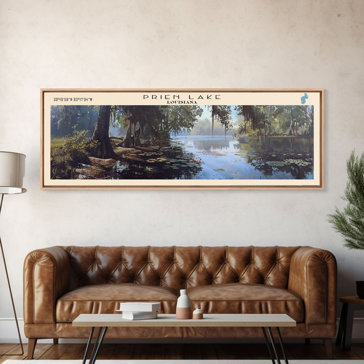 Prien Lake Louisiana Framed Canvas Print, Lake House Decor, Panoramic Travel Poster, Scenic Wall Art, Bedroom Decor