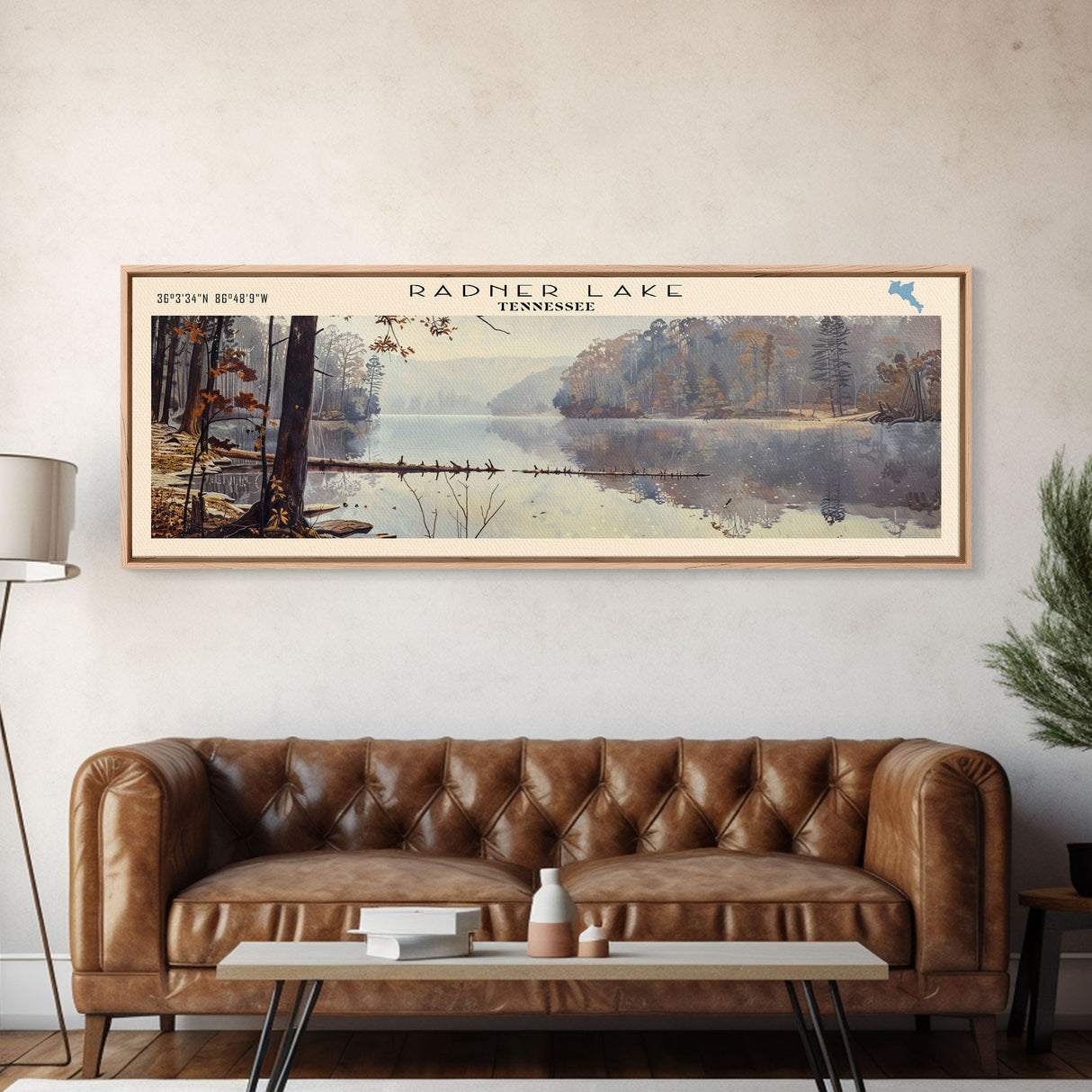 Radner Lake Tennessee Framed Canvas Print, Lake House Decor, Wall Art, Panoramic Travel Poster, Scenic Wall Art, Living Room Decor