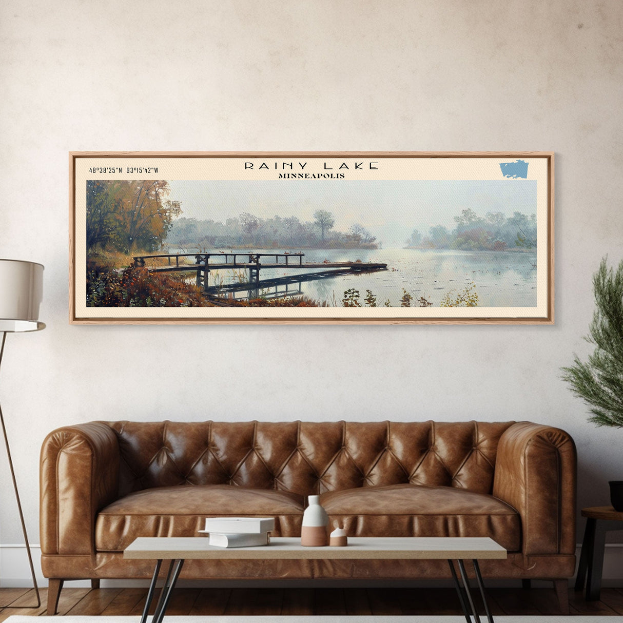 Rainy Lake Minneapolis Framed Canvas Print, Lake House Decor, Panoramic Wall Art, Travel Poster, Beautiful Landscape Painting, Modern Art