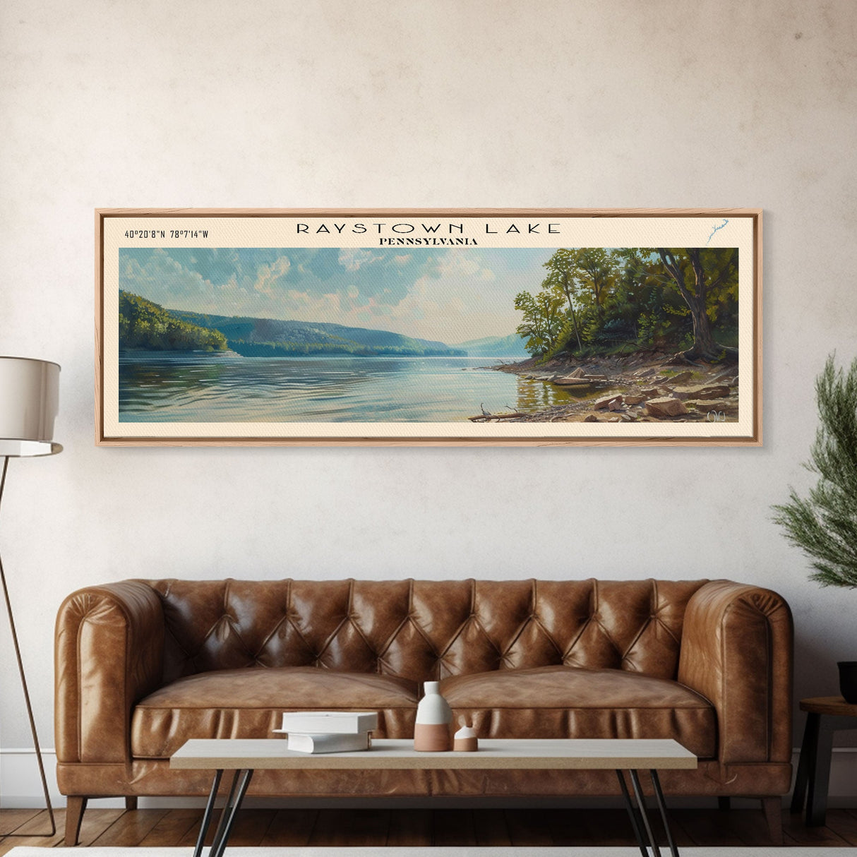 Raystown Lake Pennsylvania Framed Canvas Print, Lake House Decor, Wall Art, Panoramic Travel Poster, Scenic Landscape Painting, Modern Art