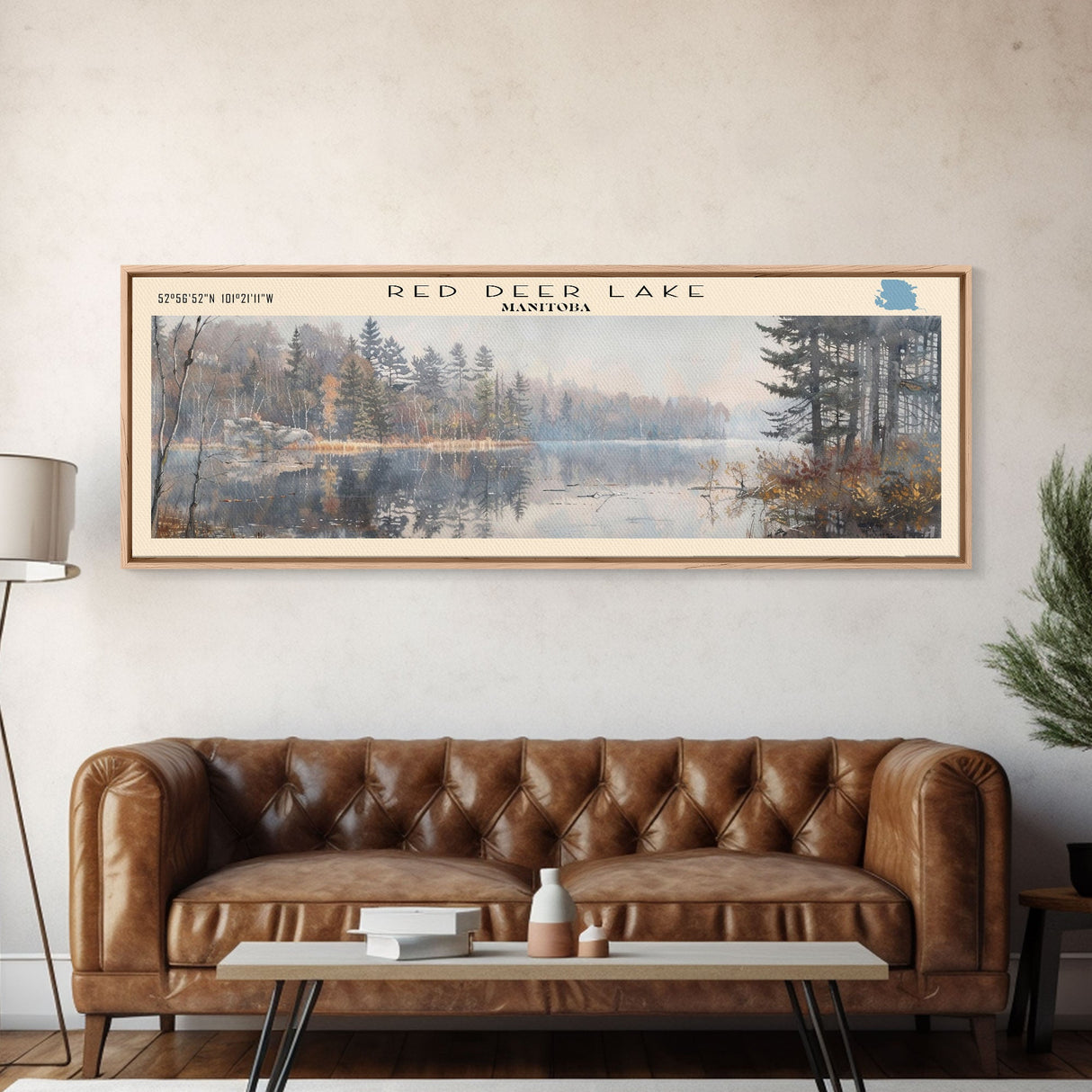 Red Deer Lake Framed Canvas Print, Lake House Decor, Panoramic Wall Art, Travel Poster, Beautiful Landscape Painting, Contemporary Art