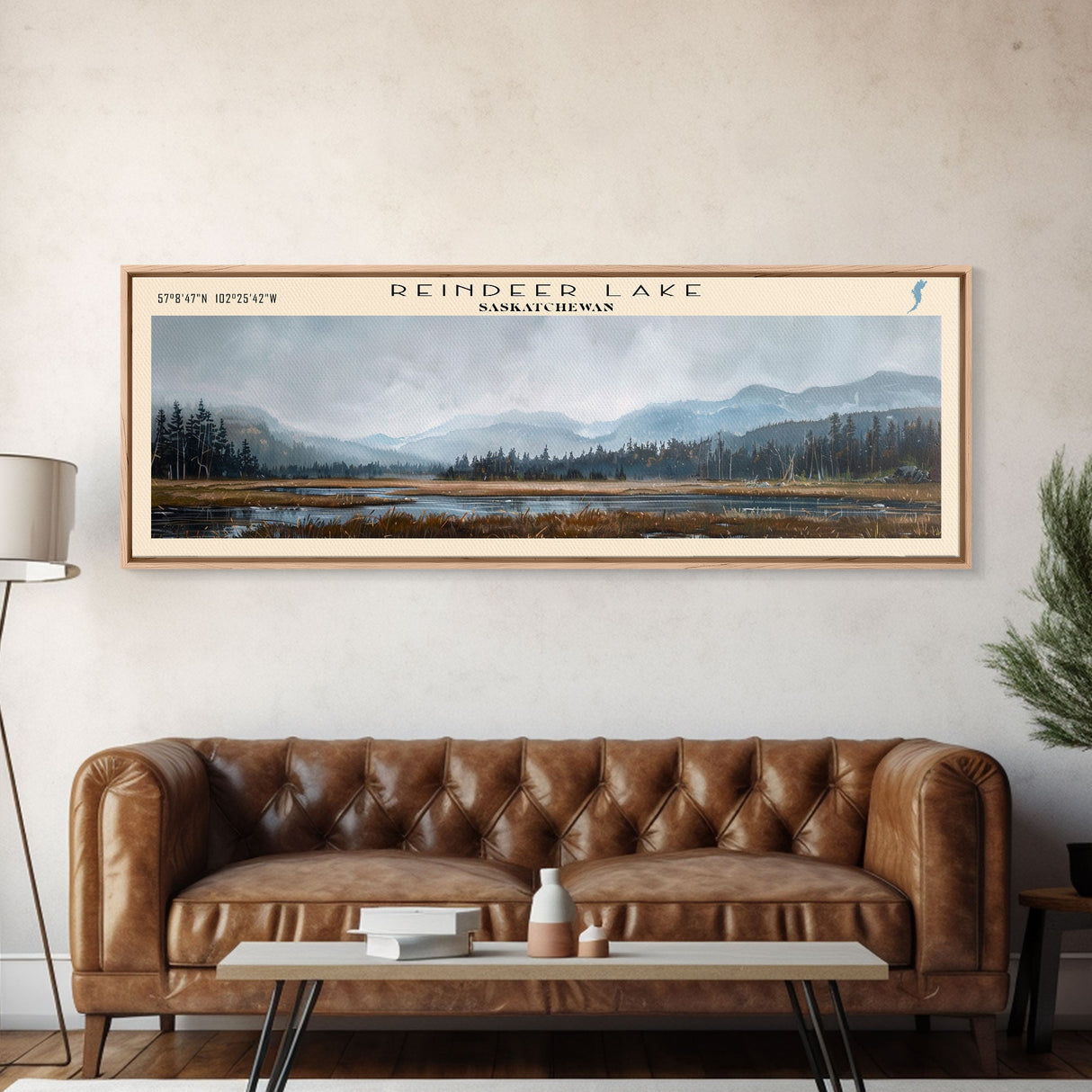 Reindeer Lake Framed Canvas Print, Lake House Decor, Wall Art, Panoramic Travel Poster, Scenic Landscape Painting, Modern Art