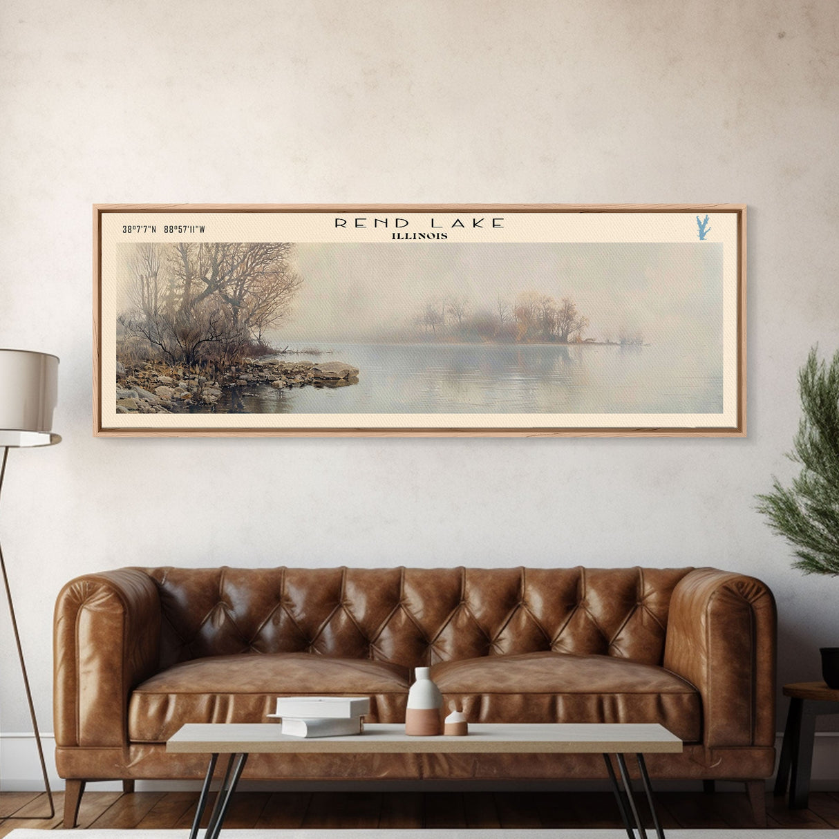 Rend Lake Illinois Framed Canvas Print, Lake House Decor, Panoramic Wall Art, Travel Poster, Beautiful Landscape Painting, Contemporary Art