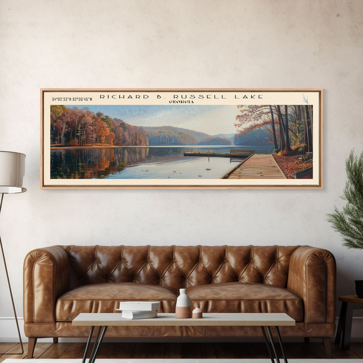 Richard B. Russell Lake Georgia Framed Canvas Print, Lake House Decor, Wall Art, Panoramic Travel Poster, Scenic Landscape Painting, Bedroom Decor