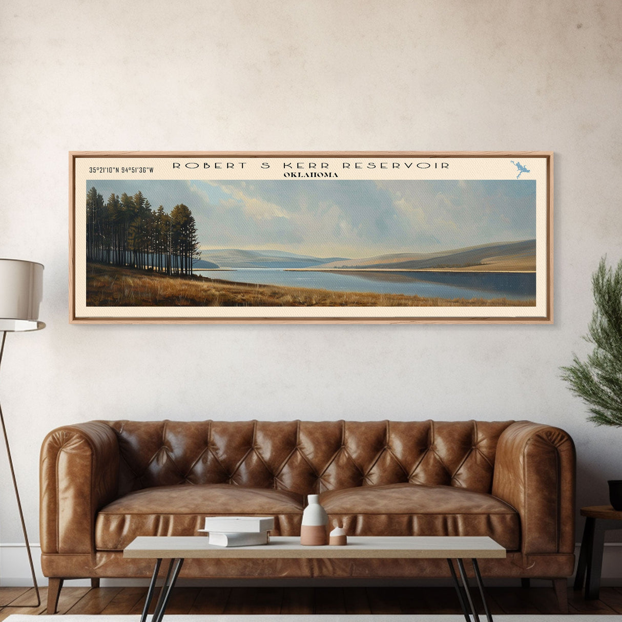 Robert S. Kerr Reservoir Framed Canvas Print, Lake House Decor, Panoramic Wall Art, Travel Poster, Beautiful Landscape Painting, Living Room Decor