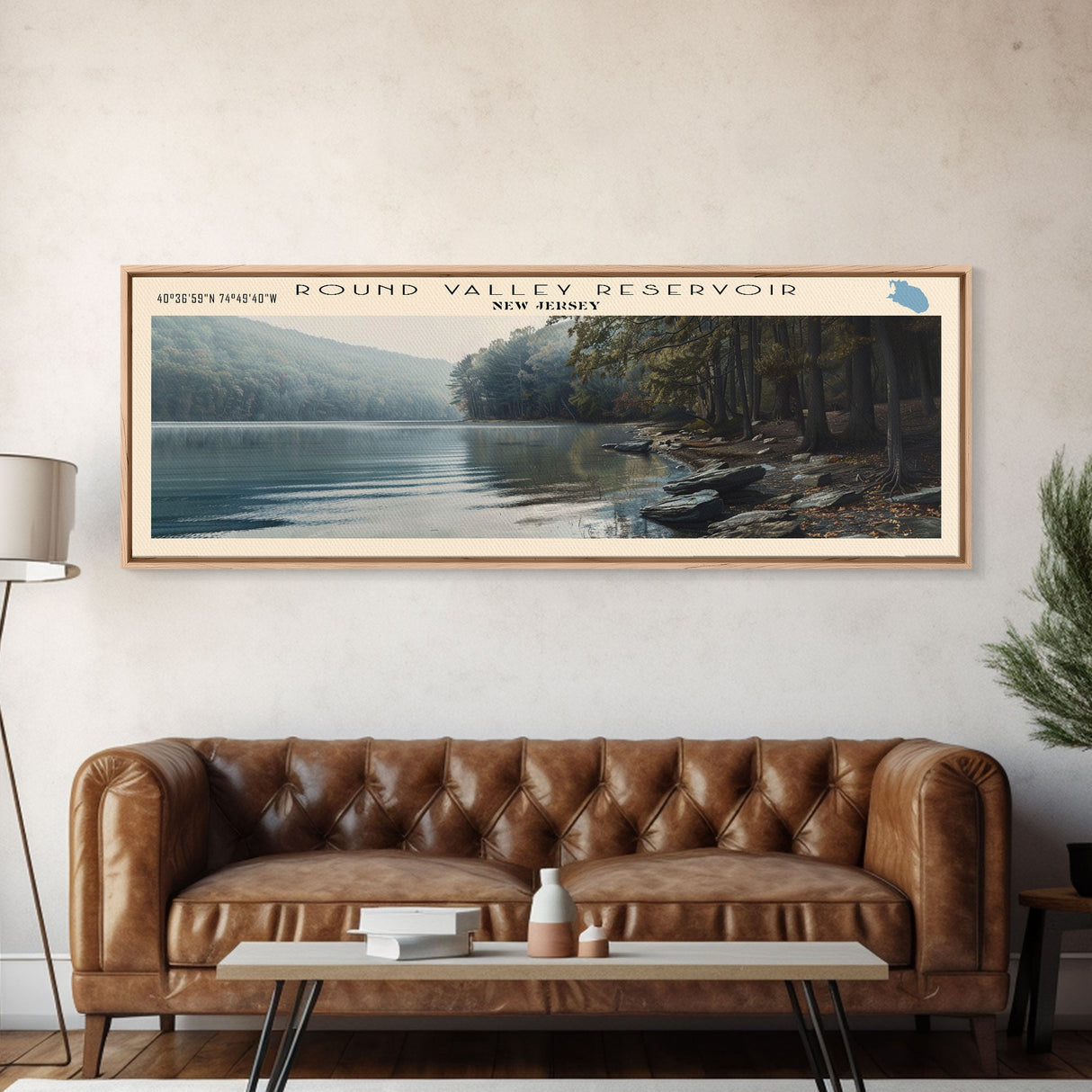 Round Valley Reservoir New Jersey Framed Canvas Print, Lake House Decor, Panoramic Wall Art, Travel Poster, Tranquil Landscape, Modern Art