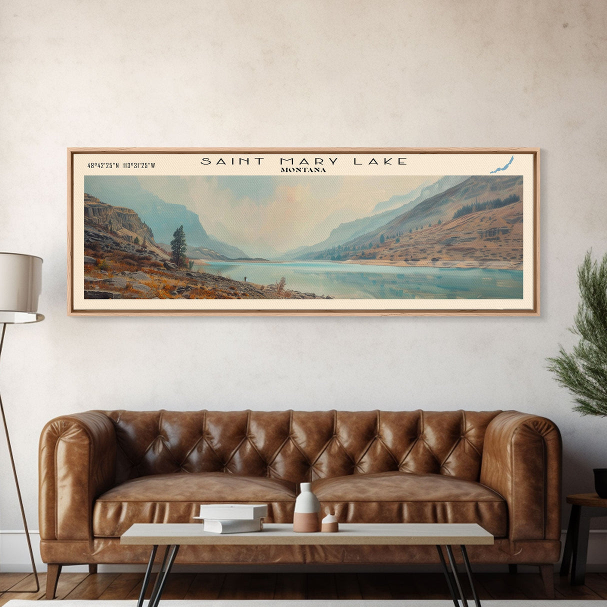 Saint Mary Lake Montana Framed Canvas Print, Lake House Decor, Panoramic Wall Art, Travel Poster, Scenic Lake Painting, Living Room Decor