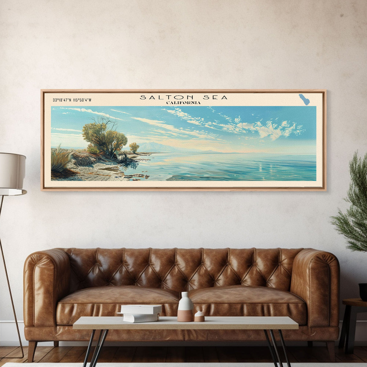 Salton Sea Framed Canvas Print, Lake House Decor, Panoramic Wall Art, Travel Poster, Unique Lake Painting, Modern Art