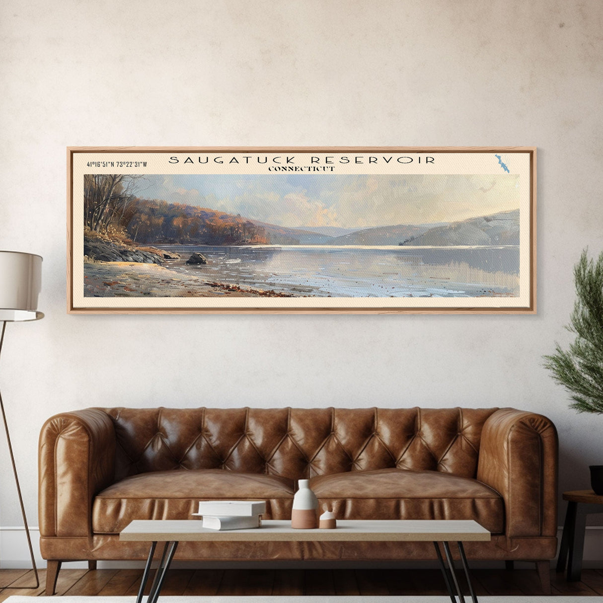 Saugatuck Reservoir Connecticut Framed Canvas Print, Lake House Decor, Panoramic Wall Art, Travel Poster, Scenic Lake Painting, Living Room Decor