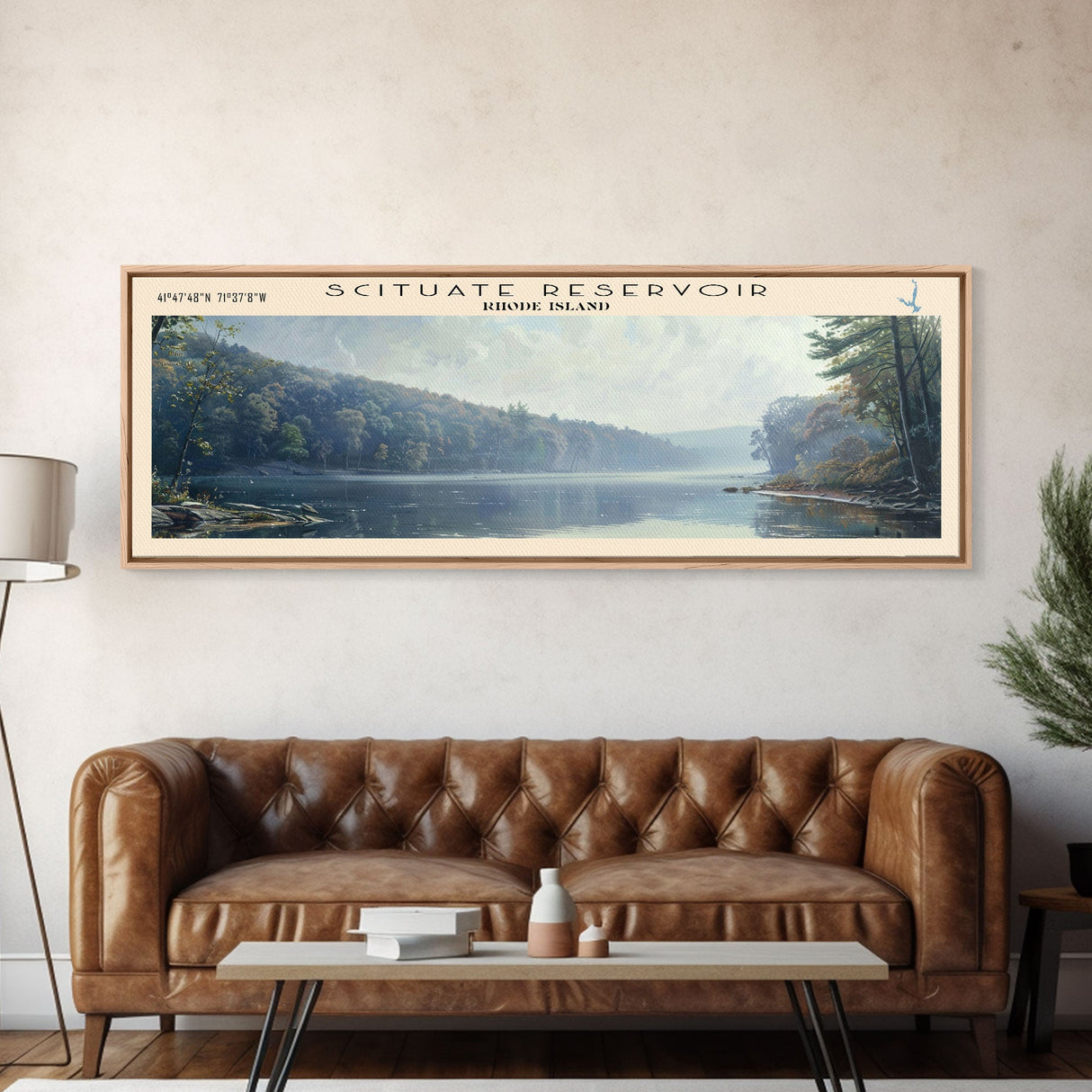 Scituate Reservoir Rhode Island Framed Canvas Print, Lake House Decor, Panoramic Wall Art, Travel Poster, Scenic Landscape Painting, Modern Art