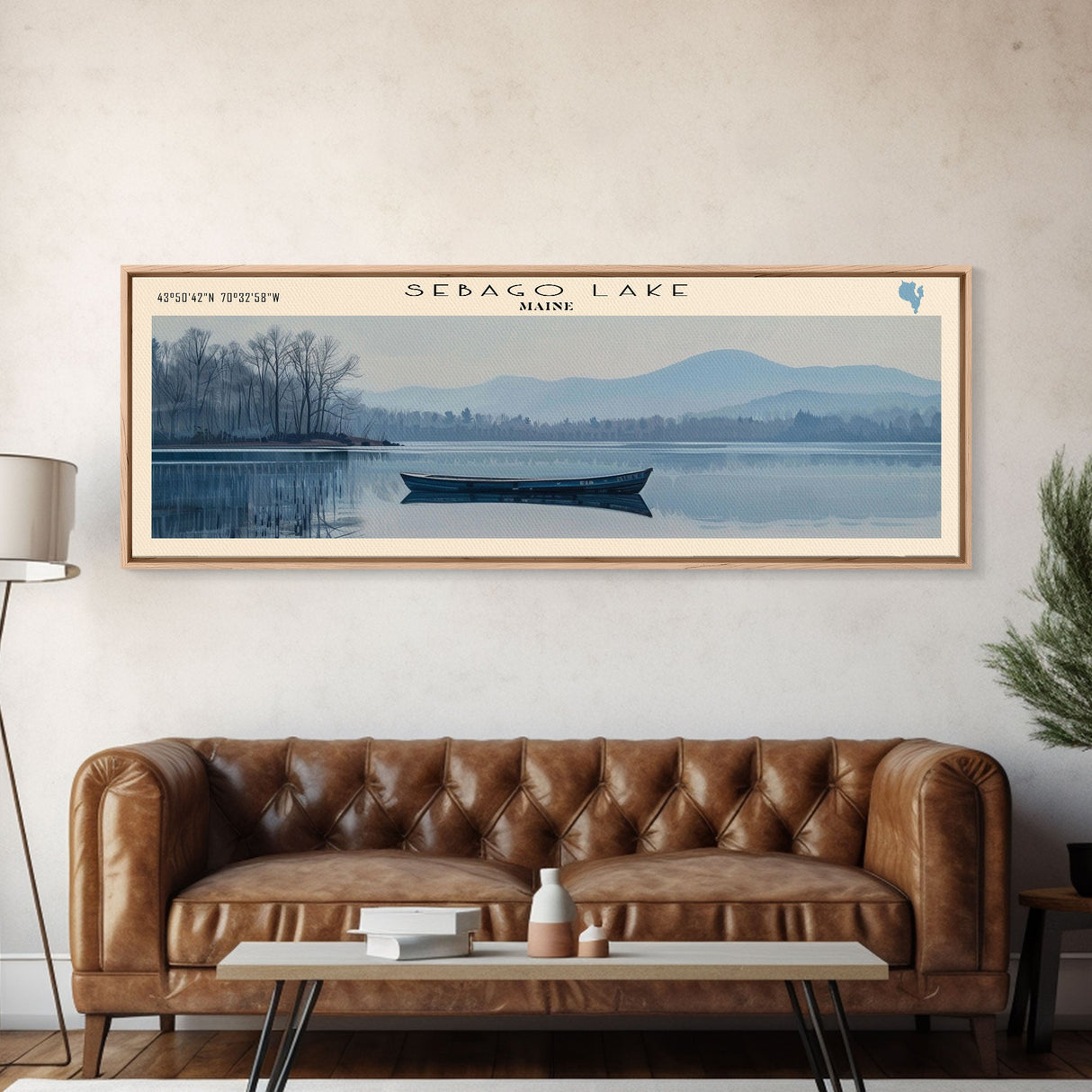 Sebago Lake Framed Canvas Print, Lake House Decor, Panoramic Wall Art, Travel Poster, Scenic Lake Scene, Living Room Decor