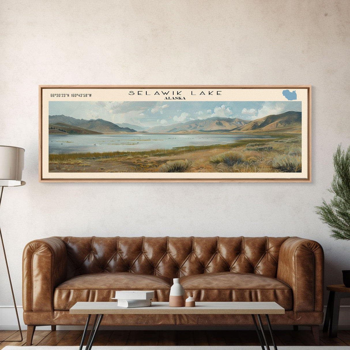 Selawik Lake Framed Canvas Print, Lake House Decor, Panoramic Wall Art, Travel Poster, Beautiful Landscape Painting, Home Decor