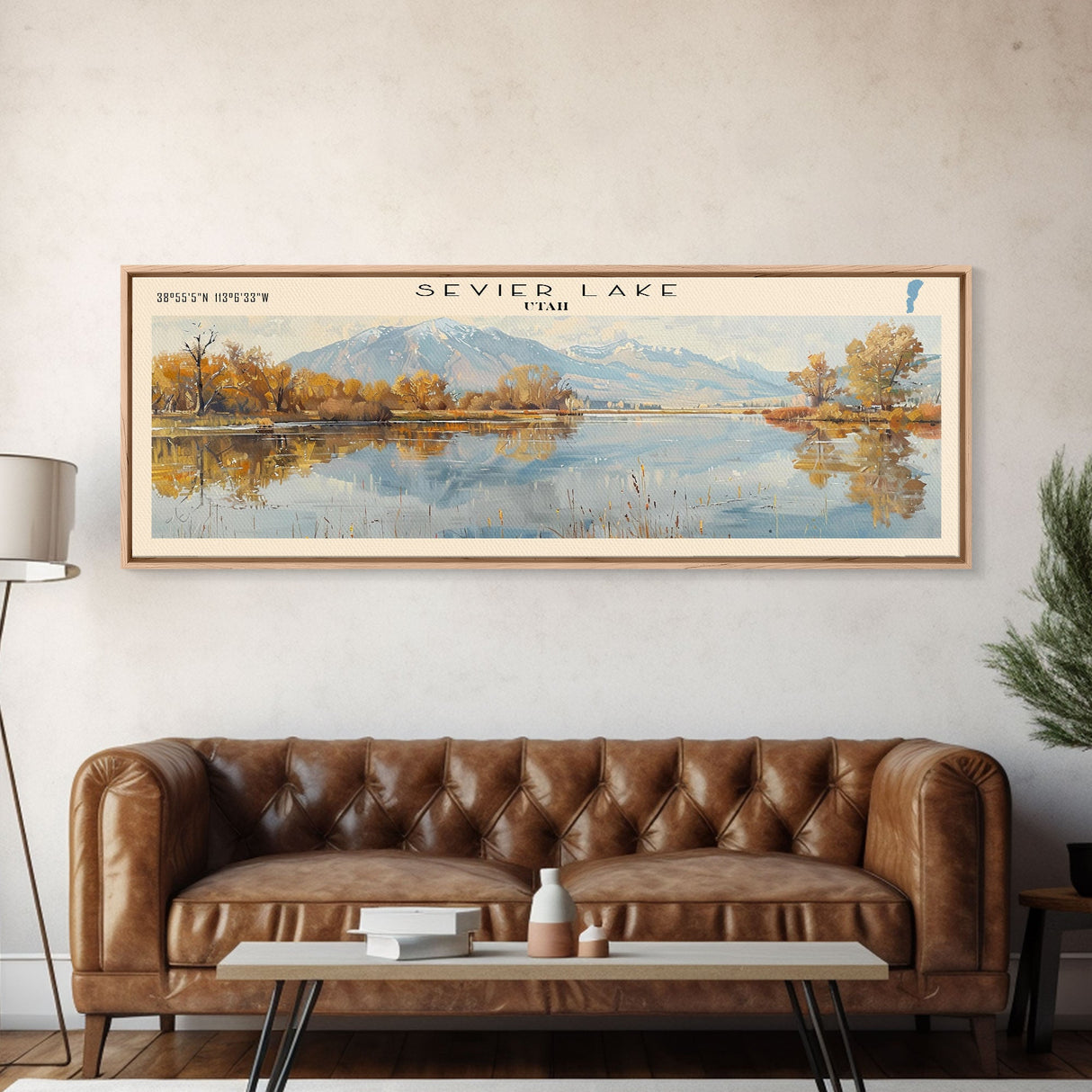 Sevier Lake Utah Panoramic Framed Canvas Print, Lake House Decor, Wall Art, Travel Poster, Tranquil Landscape, Modern Art