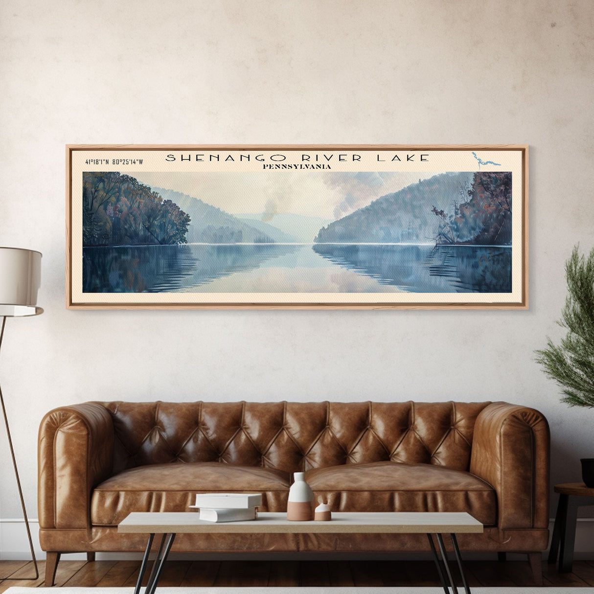 Shenango River Lake Pennsylvania Panoramic Framed Canvas Print, Lake House Decor, Wall Art, Travel Poster, Beautiful Lake Scene, Bedroom Decor