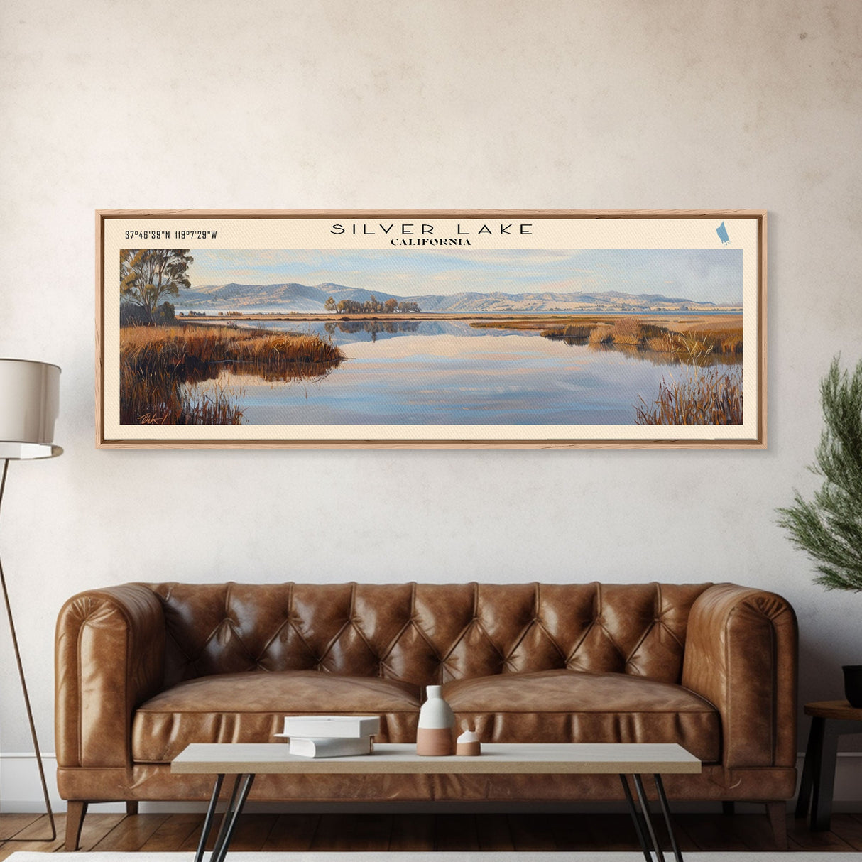 Silver Lake California Panoramic Framed Canvas Print, Lake House Decor, Wall Art, Travel Poster, Beautiful Lake Scene, Bedroom Decor