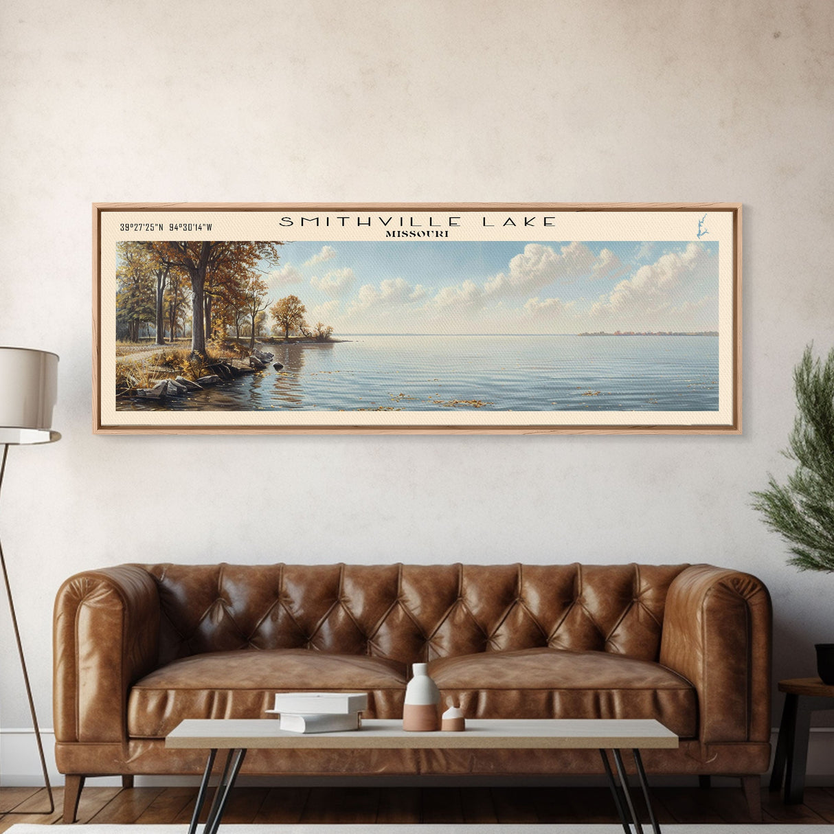 Smithville Lake Missouri Panoramic Framed Canvas Print, Lake House Decor, Wall Art, Travel Poster, Serene Lake Painting, Living Room Decor