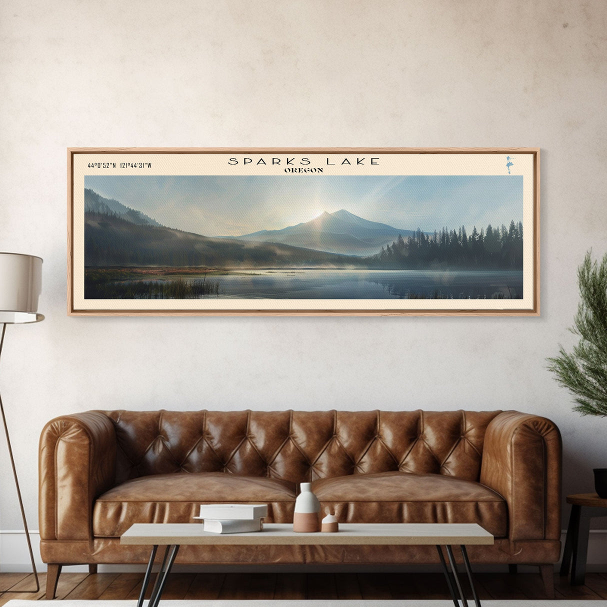 Sparks Lake Oregon Panoramic Framed Canvas Print, Lake House Decor, Wall Art, Travel Poster, Tranquil Landscape, Living Room Decor