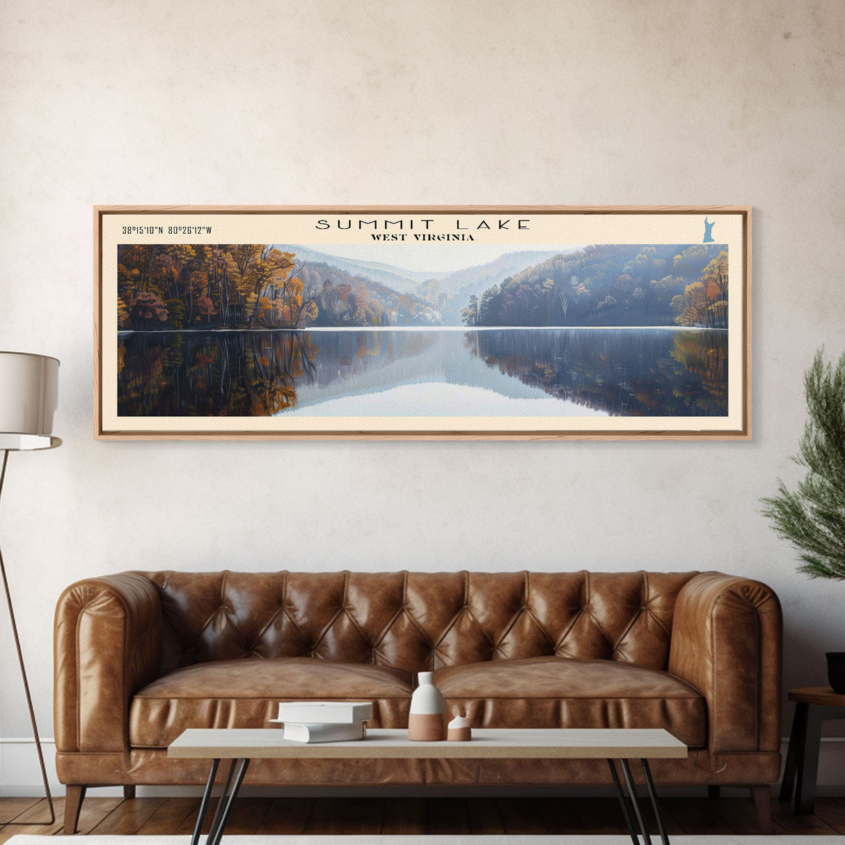 Summit Lake West Virginia Panoramic Wall Art, Framed Canvas Print, Lake House Decor, Travel Poster, Tranquil Landscape, Bedroom Decor