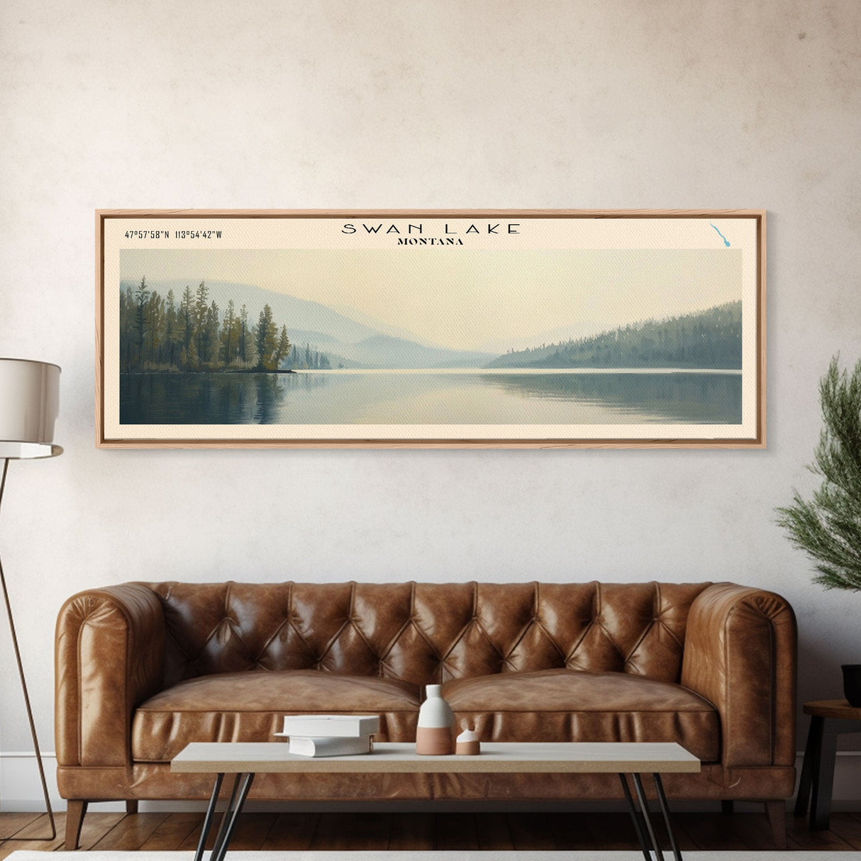 Swan Lake Montana Panoramic Wall Art, Framed Canvas Print, Lake House Decor, Travel Poster, Beautiful Landscape, Bedroom Decor