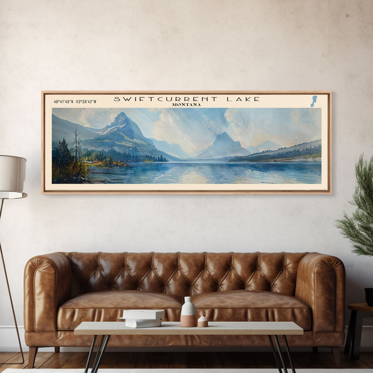 Swiftcurrent Lake Montana Panoramic Wall Art, Framed Canvas Print, Lake House Decor, Travel Poster, Tranquil Landscape, Modern Art, Bedroom Decor