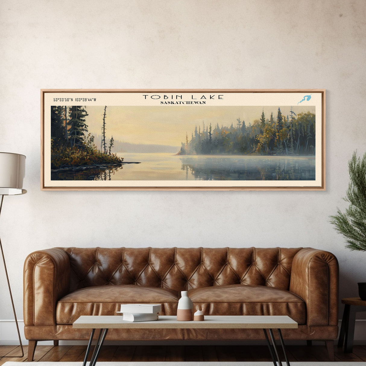 Tobin Lake Panoramic Wall Art, Framed Canvas Print, Lake House Decor, Travel Poster, Serene Landscape, Living Room Decor