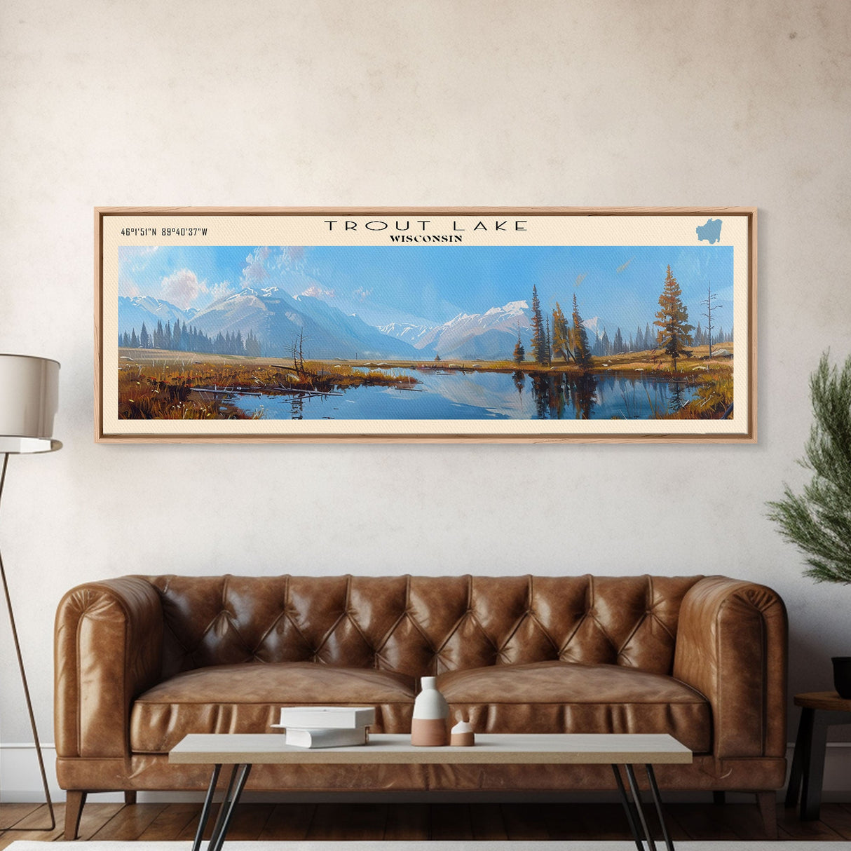 Trout Lake Panoramic Wall Art, Framed Canvas Print, Lake House Decor, Travel Poster, Scenic Landscape, Living Room Art