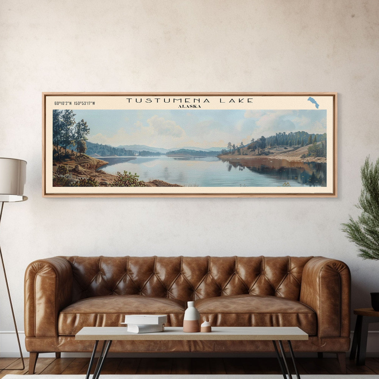 Tustumena Lake Panoramic Wall Art, Framed Canvas Print, Lake House Decor, Travel Poster, Scenic Lake Scene, Living Room Art