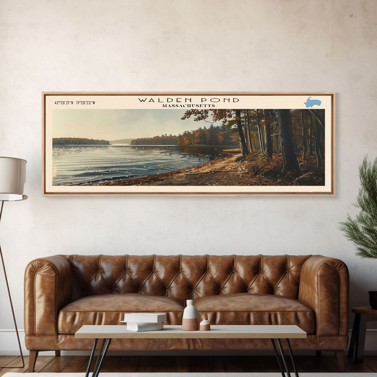 Walden Pond Massachusetts Panoramic Wall Art, Framed Canvas Print, Lake House Decor, Travel Poster, Scenic Lake Scene, Bedroom Decor