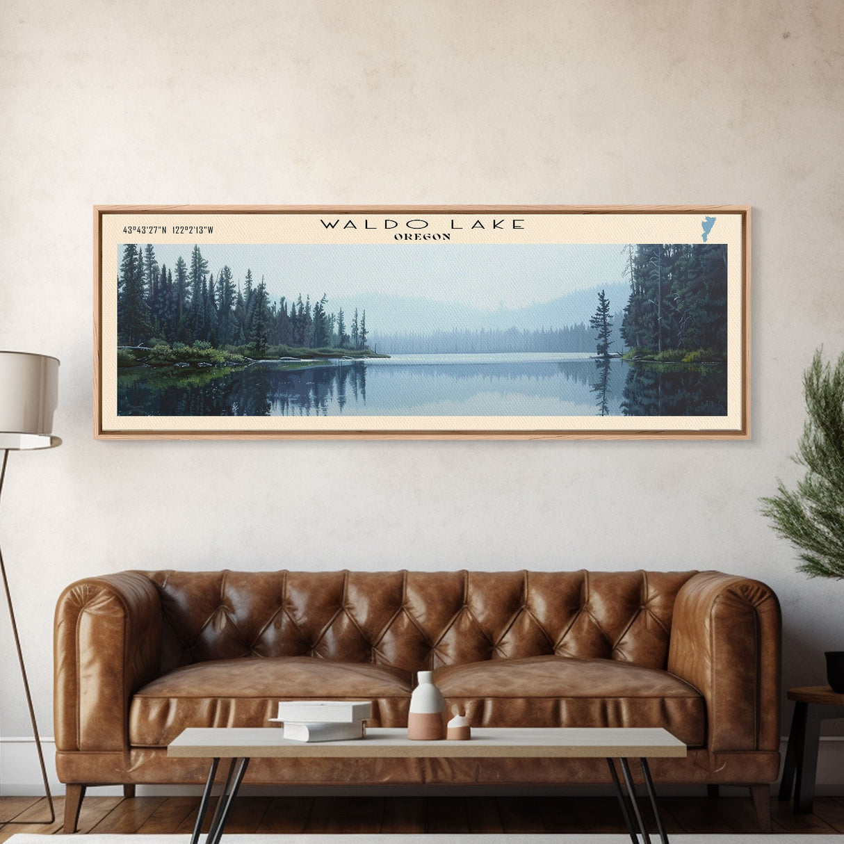 Waldo Lake Oregon Panoramic Wall Art, Framed Canvas Print, Lake House Decor, Travel Poster, Beautiful Lake Scene, Living Room Art